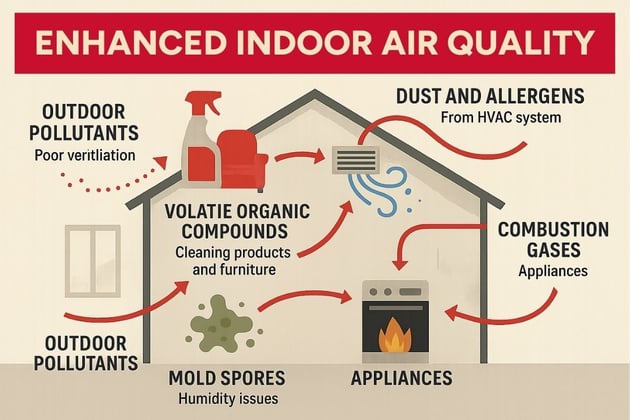 Infographic showing common indoor air pollution sources including volatile organic compounds from cleaning products and furniture, dust and allergens from HVAC systems, mold spores from humidity issues, combustion gases from appliances, and outdoor pollutants entering through poor ventilation, with arrows indicating how these pollutants circulate through homes - improved indoor air quality infographic 