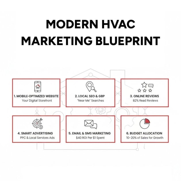 Infographic showing the key pillars of modern HVAC marketing: 1) Mobile-Optimized Website as your digital storefront, 2) Local SEO and Google Business Profile for "near me" searches, 3) Online Reviews and Reputation Management with 82% of customers reading reviews, 4) Smart Advertising including PPC and Google Local Services Ads, 5) Email and SMS Marketing with $40 return per $1 spent, and 6) Budget Allocation of 10-20% of sales for growth-focused contractors - marketing for hvac contractors infographic