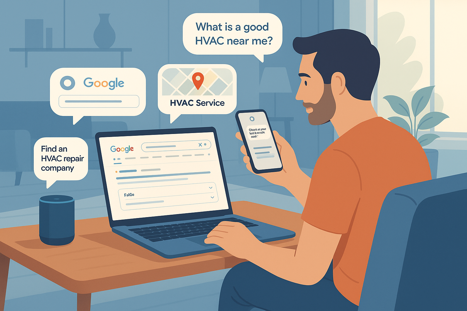 Illustration of a man in a modern living room using a smartphone and laptop to search for HVAC services. His devices display search results from Google, a voice assistant, and a map with HVAC-related queries. A smart speaker sits on the table. The room is softly lit by daylight through a window.