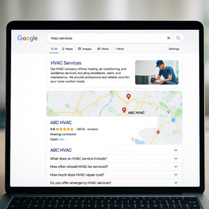 Laptop screen showing Google search results for HVAC services, including a featured snippet, local map with pins, star-rated business listing, and FAQ dropdowns. The background is softly blurred, with the laptop placed on a wooden desk in natural light.