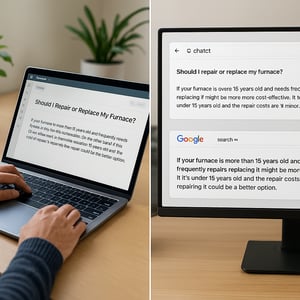 Split-screen image: left side shows a person typing HVAC advice into a blog post on a laptop, while the right side shows the same advice displayed in an AI chatbot and Google snippet. Both screens are on a clean wooden desk with houseplants and natural daylight from a nearby window.