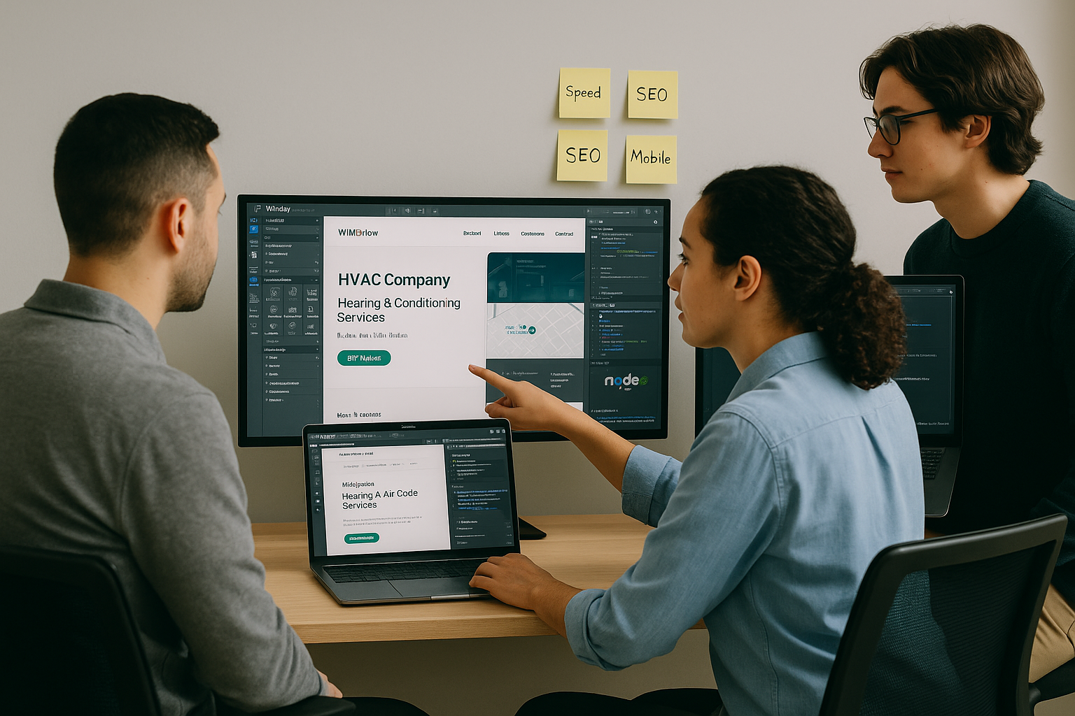 Three people collaborate in a modern office on an HVAC website redesign. Dual monitors display Webflow and Node.js interfaces. Sticky notes on the wall read 'Speed,' 'SEO,' and 'Mobile.' One person points to a monitor while another types, and a third observes, all seated at a light wood desk.