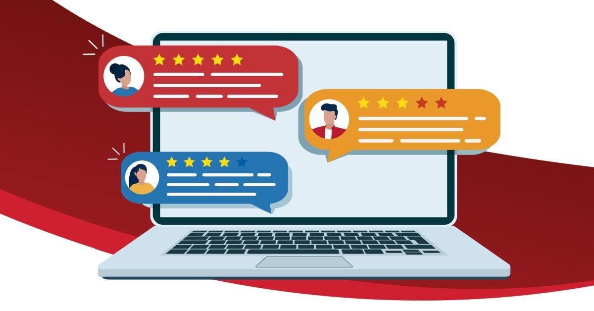 Illustration of a laptop displaying multiple online customer review cards with star ratings and user profile icons, representing customer feedback and online reputation management. Red and white curved design elements appear in the background.