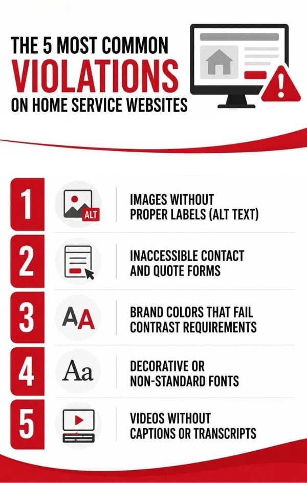 Infographic from JB Warranties titled “The 5 Most Common Violations on Home Service Websites.” The graphic lists five website accessibility issues: images without proper alt text, inaccessible contact and quote forms, brand colors that fail contrast requirements, decorative or non-standard fonts, and videos without captions or transcripts. Each violation is paired with a simple icon, and the design features red, black, and white branding with a website warning graphic at the top.