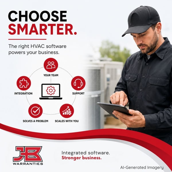 AI-generated JB Warranties graphic showing an HVAC technician using a tablet beside HVAC equipment. The image highlights smart HVAC software with icons for integration, support, scalability, and team adoption, using JB Warranties’ red, black, and white branding.