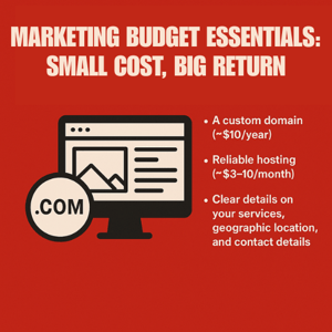 Red square graphic with bold cream text reading “MARKETING BUDGET ESSENTIALS: SMALL COST, BIG RETURN.” On the left side, a flat-style icon of a computer monitor displays a “.COM” symbol, representing a basic business website. On the right, three cream bullet points list budget-friendly website marketing tips. 