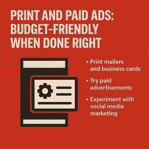 Red square graphic with white and black elements. At the top, bold white text reads, “PRINT AND PAID ADS: BUDGET-FRIENDLY WHEN DONE RIGHT.” Below the heading, on the left, is a stylized icon of a paper flyer and a business card with a gear symbol. On the right, three white bullet points state: “Print mailers and business cards,” “Try paid advertisements,” and “Experiment with social media marketing.” 