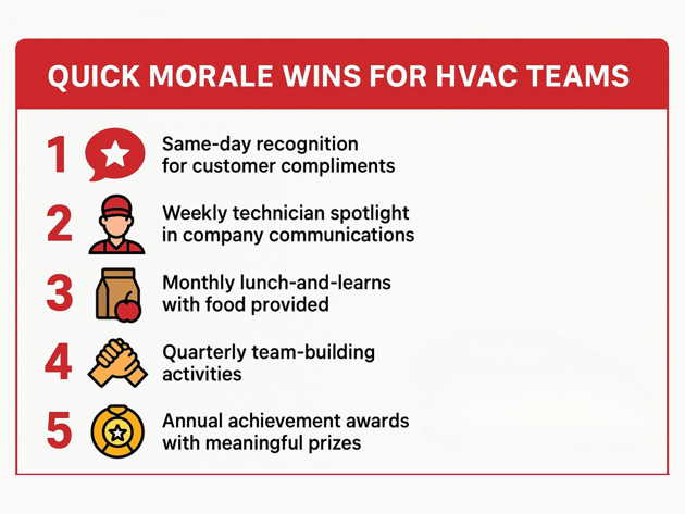 Quick Morale Wins for HVAC Teams: 1. Same-day recognition for customer compliments, 2. Weekly technician spotlight in company communications, 3. Monthly lunch-and-learns with food provided, 4. Quarterly team-building activities, 5. Annual achievement awards with meaningful prizes - HVAC technician job satisfaction infographic 
