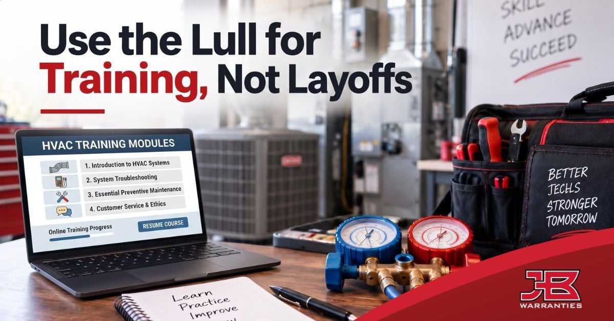 HVAC training workspace featuring a laptop with online training modules, service tools and gauges, with the message “Use the Lull for Training, Not Layoffs.”
