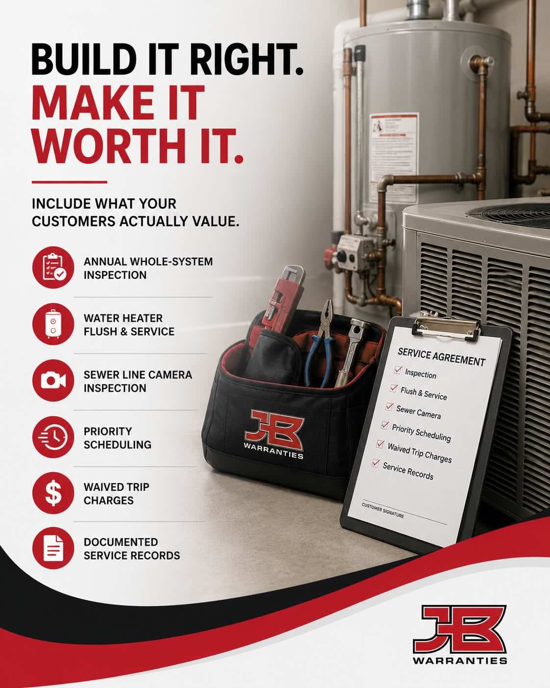 Graphic showing a residential HVAC unit, water heater, plumbing tools, and a service agreement checklist. The headline reads, "Build It Right. Make It Worth It." and emphasizes creating plumbing service agreements with features customers value, including inspections, priority scheduling, waived trip charges, and documented service records.