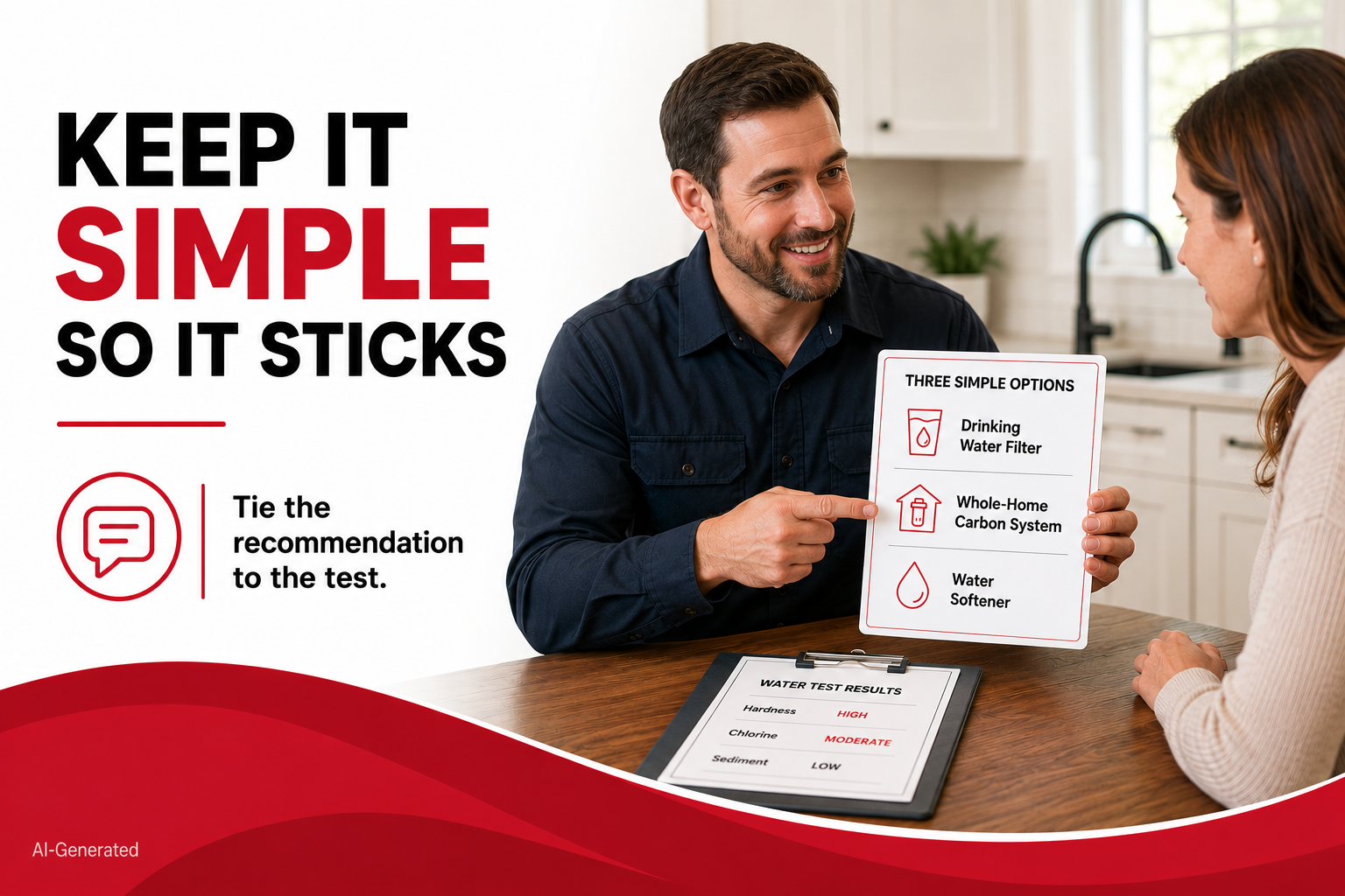 A technician reviews three water filtration options with a homeowner at a kitchen table while discussing water test results. The graphic includes the headline “Keep It Simple So It Sticks” and emphasizes tying recommendations to water quality findings.