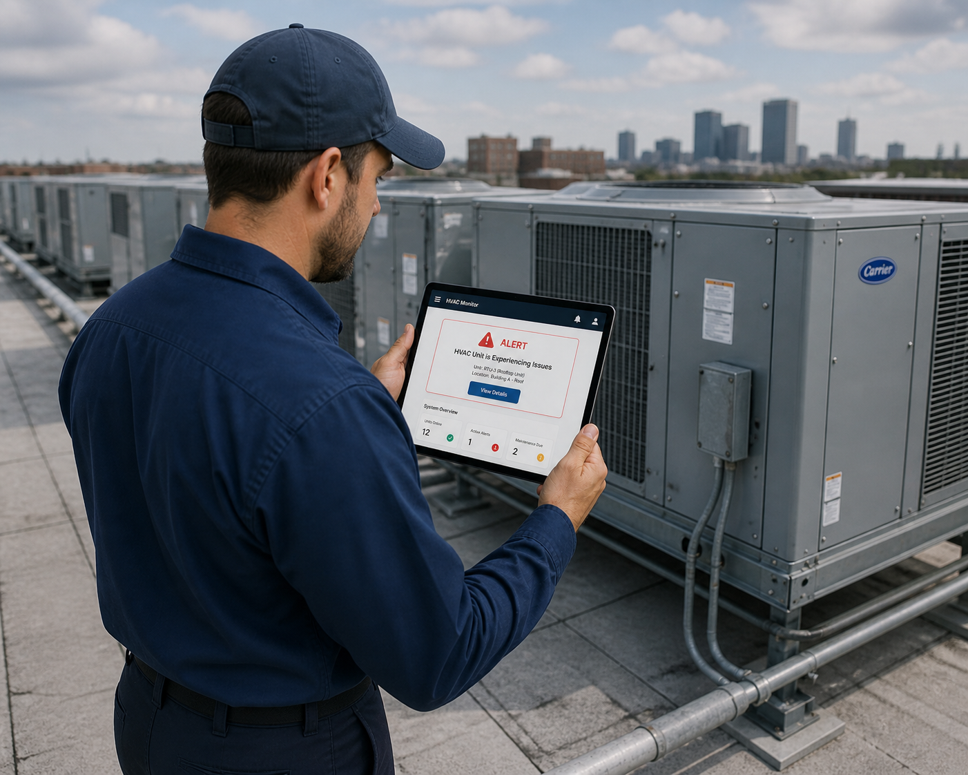 HVAC technician on a commercial rooftop viewing a tablet alert that an HVAC unit is experiencing issues, with multiple rooftop HVAC units behind him.
