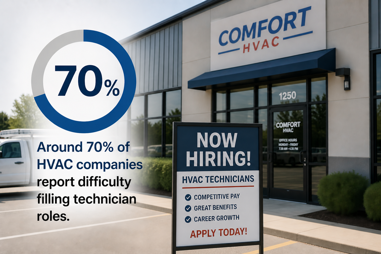 Modern HVAC office building with a “Now Hiring HVAC Technicians” sign displayed outside, alongside a graphic showing 70% and text stating that around 70% of HVAC companies report difficulty filling technician roles.