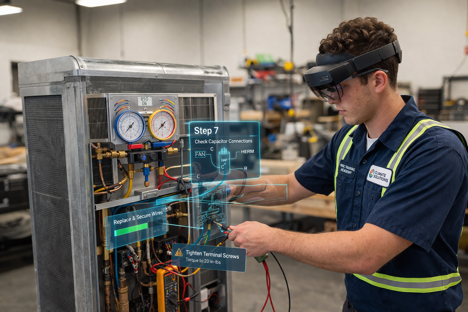 HVAC technician wearing a mixed reality headset diagnosing wiring inside an open HVAC unit with digital step-by-step instructions and system status overlays displayed in a workshop setting