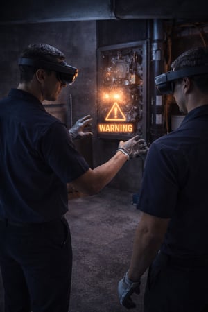 HVAC technicians wearing virtual reality headsets interacting with a simulated electrical panel failure and safety warning in a training environment