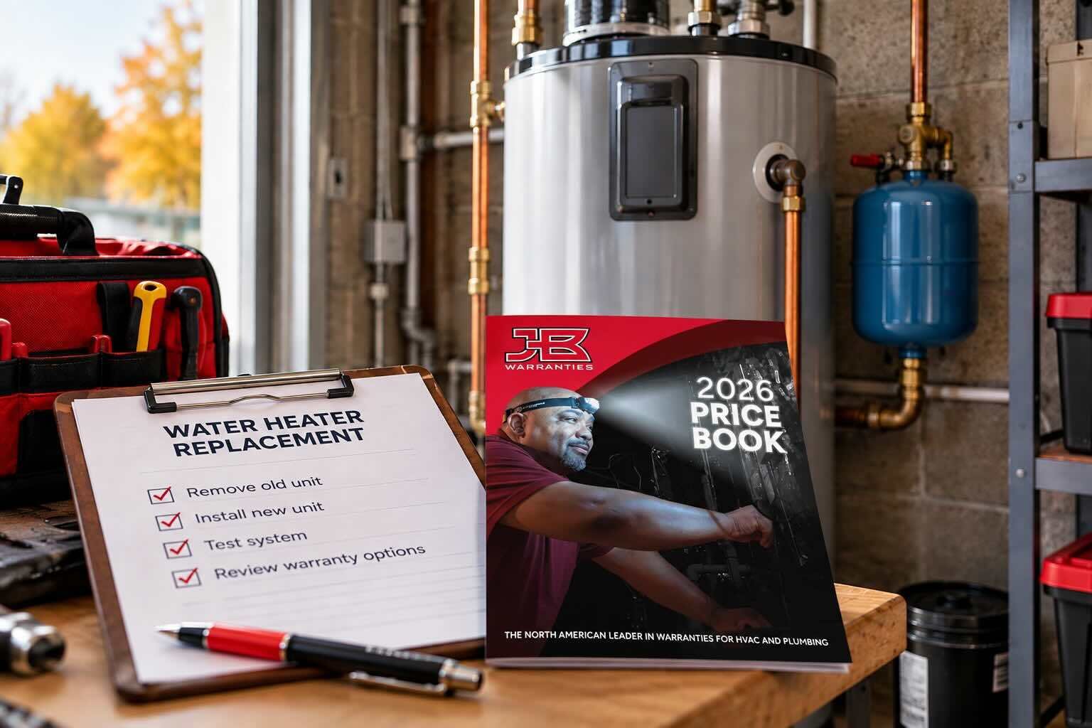 Water heater replacement checklist and JB Warranties 2026 Price Book displayed beside a newly installed water heater and plumbing tools.