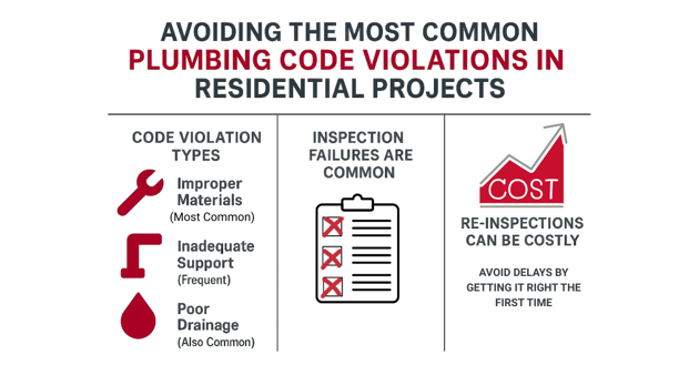 Infographic displaying code violation types, common inspection failures, and average re-inspection costs for residential plumbing projects - plumbing code compliance for residential infographic