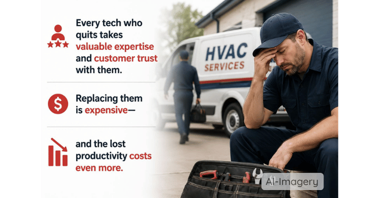 Marketing graphic showing a stressed HVAC technician sitting beside a service van while another technician walks away, with text explaining that losing experienced technicians costs companies valuable expertise, customer trust, and productivity.