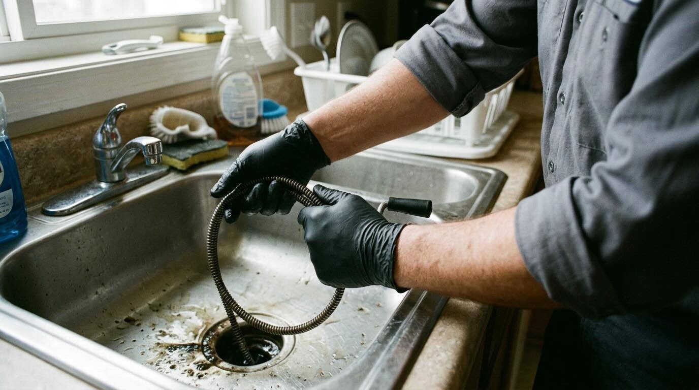 Close-up of gloved hands using a manual drain snake to clear a clogged kitchen sink drain, with the technician's face out of view and the sink area showing signs of debris from the clog removal process.