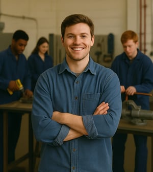 Group of young people learning the trades with one young man in front with crossed arms smiling