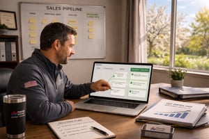 HVAC contractor at a desk moving stalled deals to closed on a laptop, with a spring scene visible through the window.