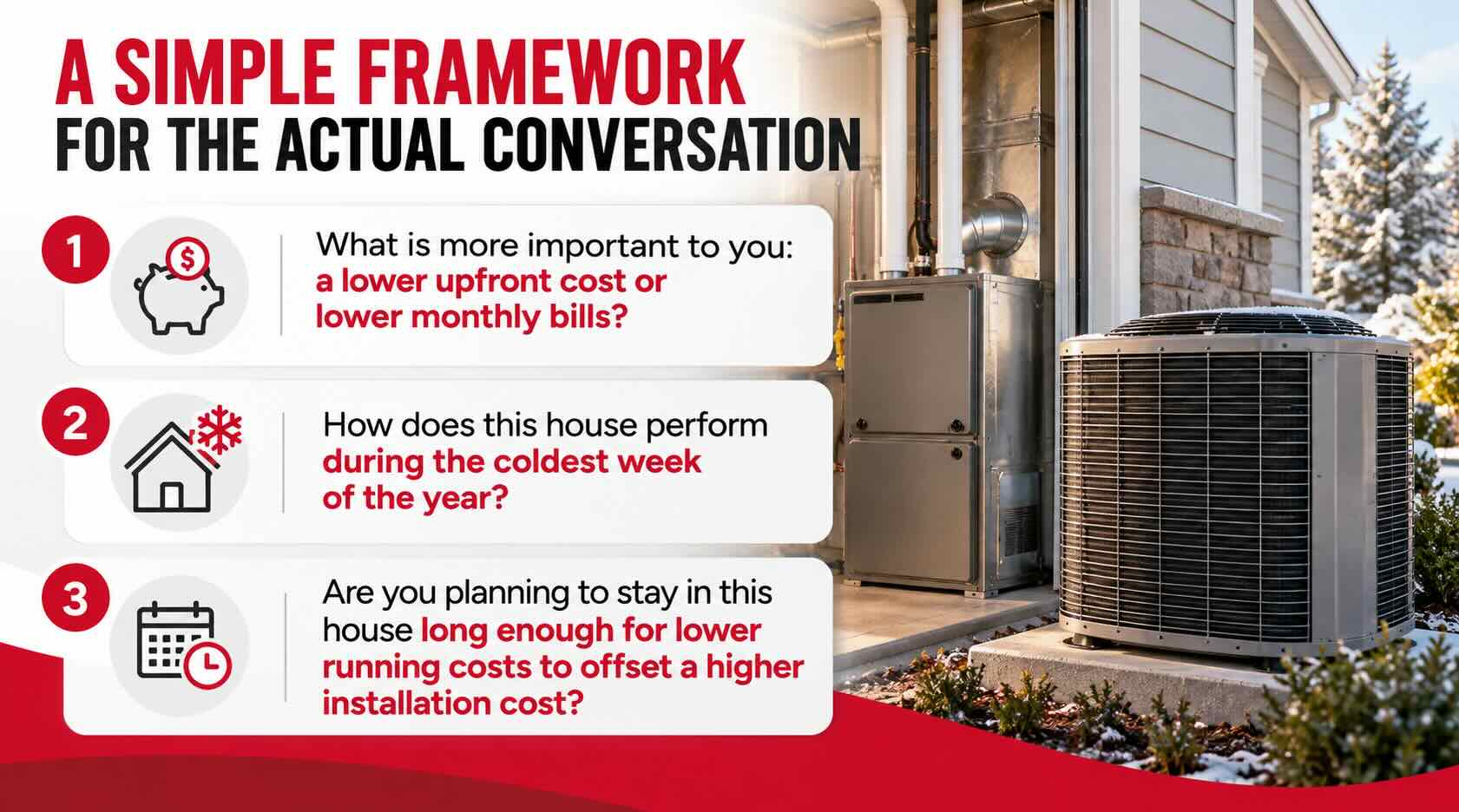 JB Warranties infographic outlining three questions to help homeowners choose between a furnace and heat pump, focusing on upfront versus monthly costs, cold-weather performance, and long-term savings. A furnace and outdoor heat pump are pictured beside a home in winter.