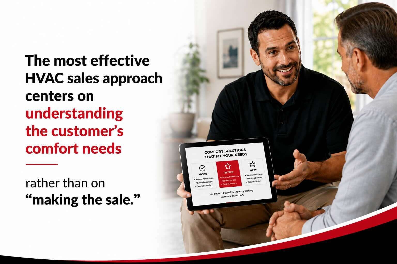 Professional HVAC technician consulting with a homeowner in a bright living room while holding a tablet displaying comfort solution options. Large text beside them reads, “The most effective HVAC sales approach centers on understanding the customer’s comfort needs rather than on ‘making the sale.’” The design uses a clean red, black, and white corporate style.