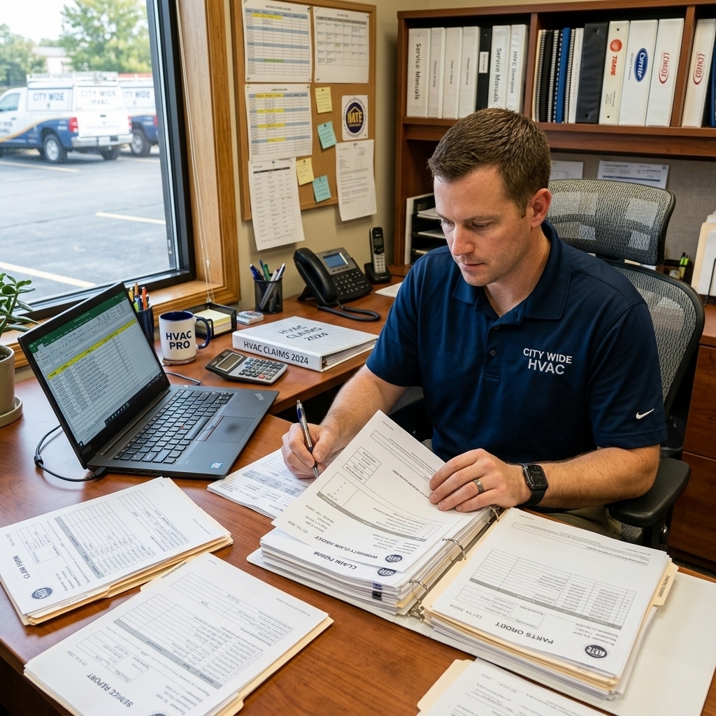Man in a City Wide HVAC polo sits at a desk in an office, reviewing and signing paperwork from a large binder of HVAC claims. A laptop with a spreadsheet, calculator, phone, and stacks of documents are on the desk, with filing binders and a window showing company vehicles in the background.
