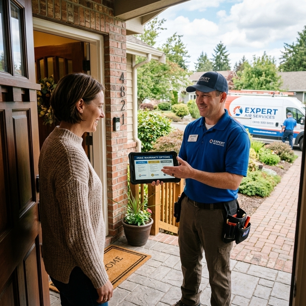 HVAC technician stands at a homeowner’s front door, showing warranty options on a tablet while speaking with a woman, with a branded service van visible in the driveway.