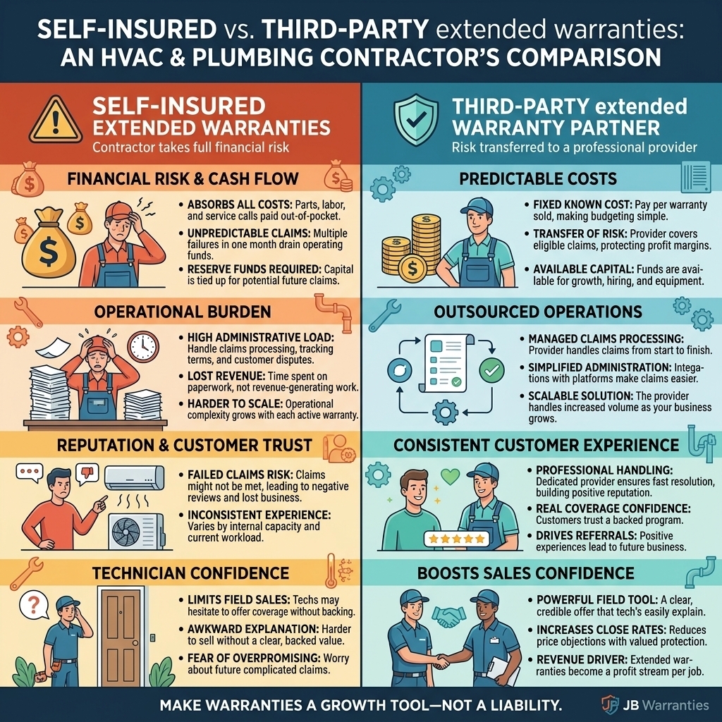 Infographic comparing self-insured versus third-party extended warranties for HVAC and plumbing contractors, highlighting differences in financial risk, operational workload, customer experience, and sales impact, with illustrated icons and side-by-side bullet points.