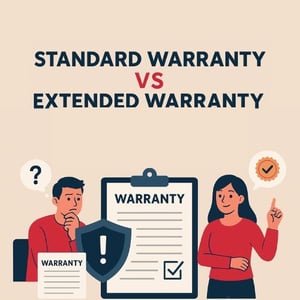 At the top of the image is says "Standard Warranty vs Exteneded Warranty." On the left, a man looks confused with a question mark over his head. He holds a small document labeled "WARRANTY" and a shield icon with an exclamation point next to it. On the right, a woman smiles confidently, pointing upward with a speech bubble showing a checked box inside a seal of approval. Between them is a large clipboard with a document also labeled "WARRANTY" and a shield icon. The large document has a checkbox at the bottom that is checked.