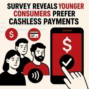 Digital illustration with a beige background and accent colors of red and black. The title “Survey Reveals Younger Consumers Prefer Cashless Payments” appears at the top in bold red and white text. Centered below is a large smartphone showing a dollar sign and checkmark, representing mobile payments. Surrounding the phone are simplified icons of credit cards, contactless payment, and app symbols. Three diverse figures — a young adult, a parent, and a Gen Z teen — stand nearby, symbolizing different age groups. The composition highlights the shift toward digital, in-app, and subscription-based payment preferences.