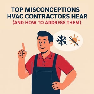 Flat-style digital illustration titled “Top Misconceptions HVAC Contractors Hear (and How to Address Them).” A smiling HVAC contractor in overalls points upward with a positive expression. A speech bubble above him contains icons of a snowflake and sun with a strike-through, symbolizing common HVAC warranty myths. The bold headline text is displayed above in dark blue and burnt orange on a beige background.