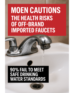 Photorealistic image of a worn, chrome faucet dripping water into a white porcelain sink. The faucet shows signs of corrosion and age. At the top of the image, a bold red (#c8102e) text box contains white capitalized text: “MOEN CAUTIONS THE HEALTH RISKS OF OFF-BRAND IMPORTED FAUCETS.” Below the faucet, a black (#000000) banner with white text reads: “90% FAIL TO MEET SAFE DRINKING WATER STANDARDS.” The image highlights safety concerns about foreign-made faucets failing to meet U.S. drinking water regulations.