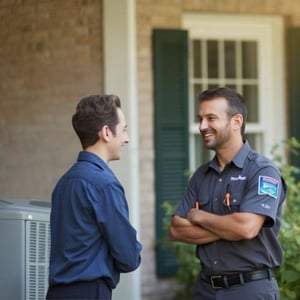 HVAC Technician talking to a homeowner - HVAC Sales Strategies