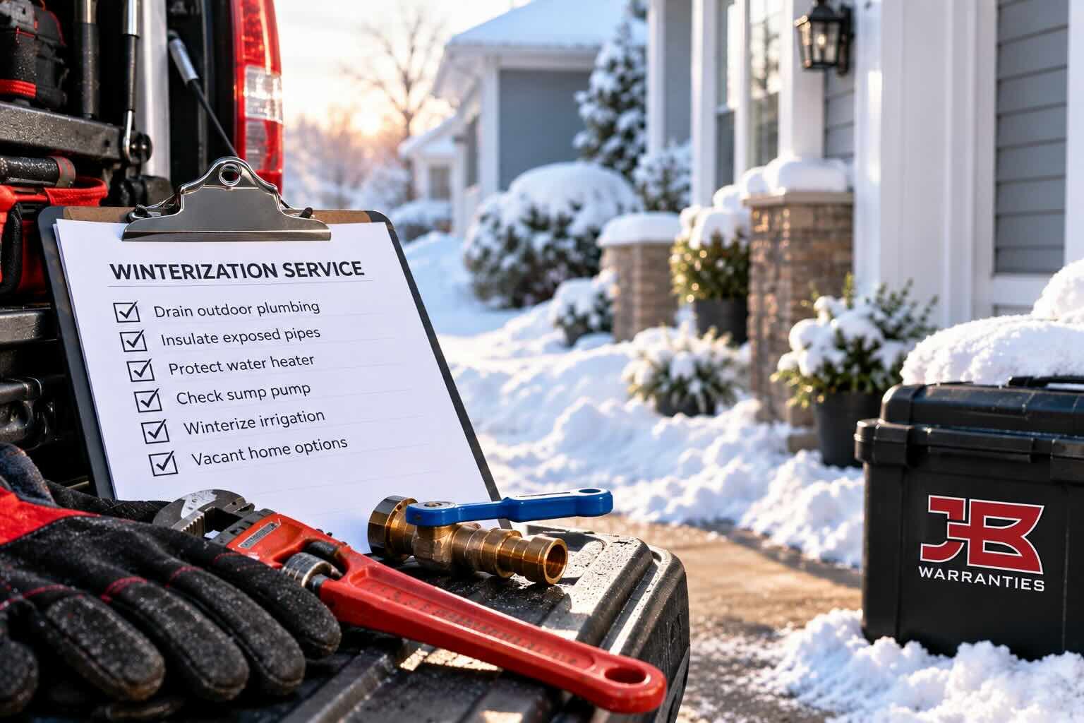 Winter plumbing service scene featuring a checklist for winterizing a home, with a pipe wrench, insulated gloves, plumbing fittings, and a JB Warranties toolbox outside a snow-covered house.