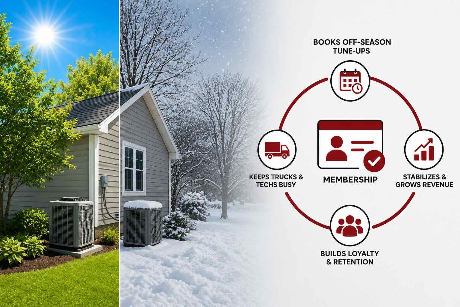 Split-season illustration of the side of a suburban home with an outdoor HVAC unit, showing a bright green summer landscape transitioning into a snowy winter scene. To the right, a circular infographic explains how HVAC maintenance memberships support off-season tune-ups, keep technicians working year-round, stabilize revenue, and build long-term customer loyalty.
