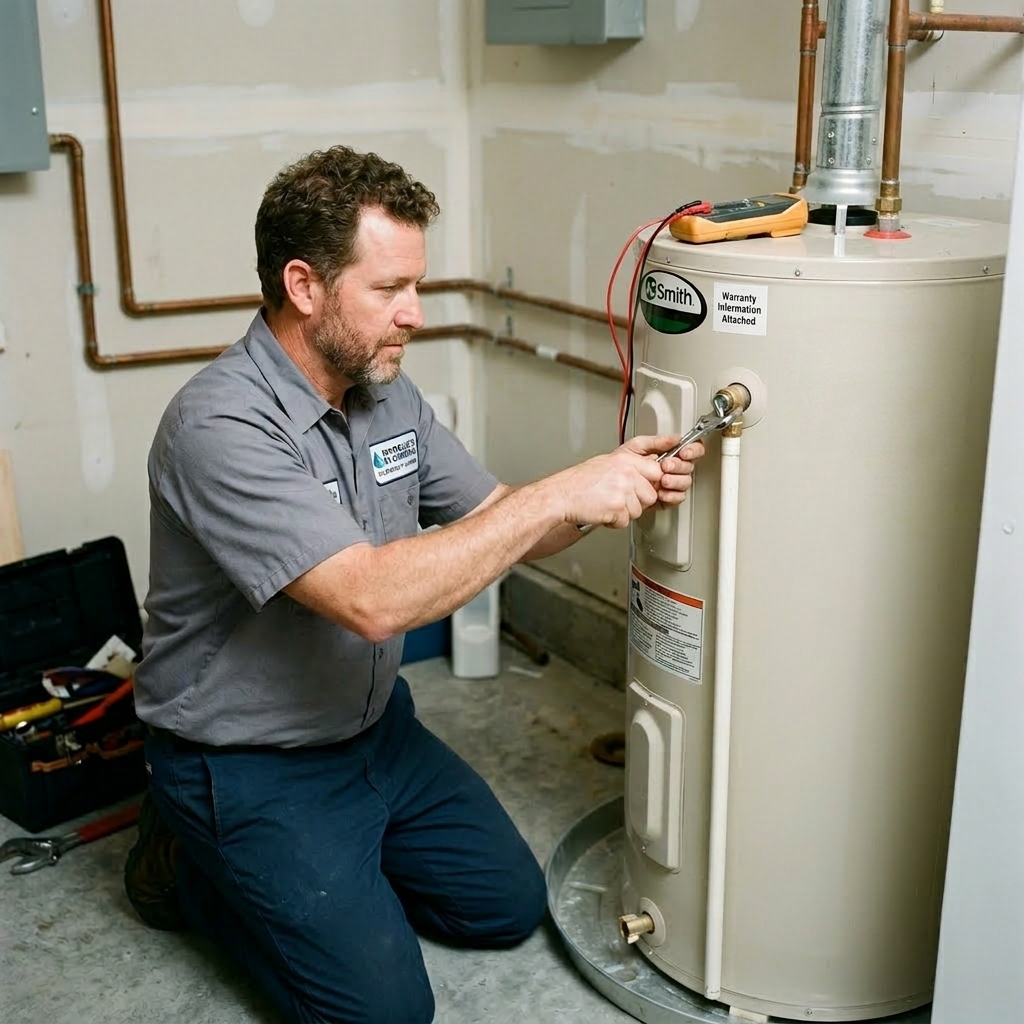 Technician kneels on the floor in a utility room, using a wrench to service a residential water heater, with exposed pipes, a tool bag, and testing equipment nearby.