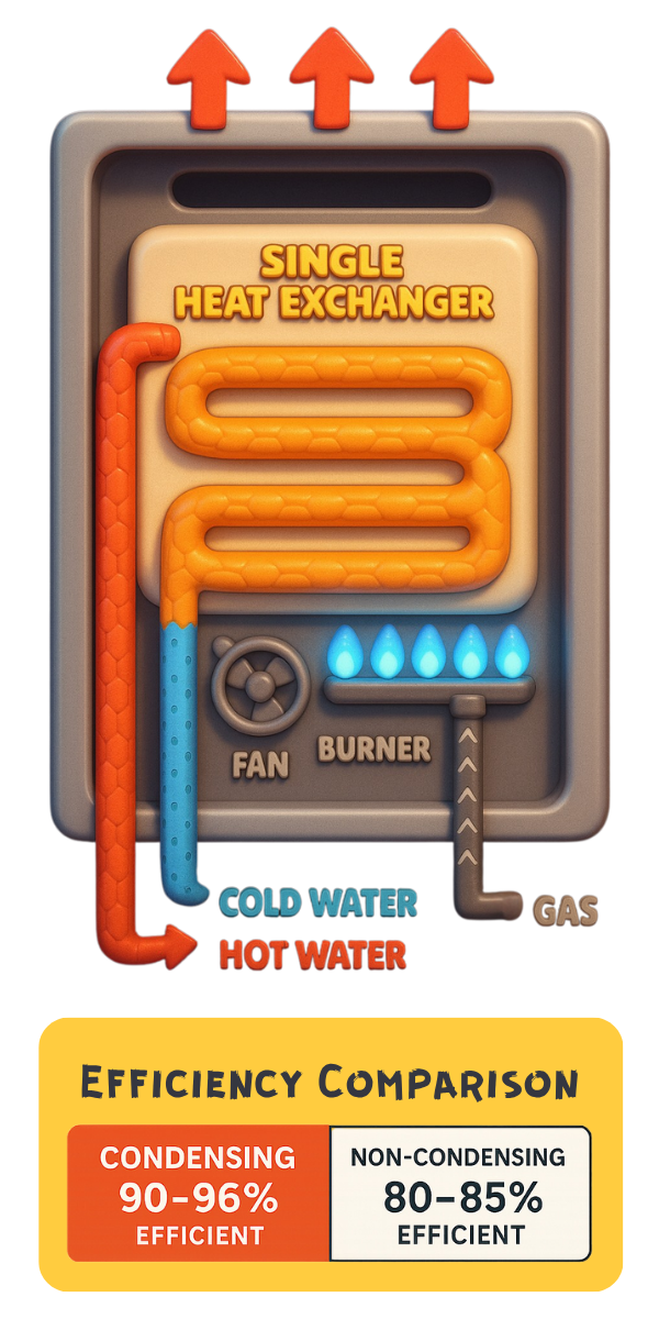 Diagram showing how a condensing tankless water heater works, with labeled components including primary heat exchanger, secondary heat exchanger, gas burner, water inlet/outlet, and condensate drain. The infographic shows the heat recovery process and efficiency comparison between condensing (90-96% efficient) and non-condensing (80-85% efficient) models. - condensing tankless water heater infographic
