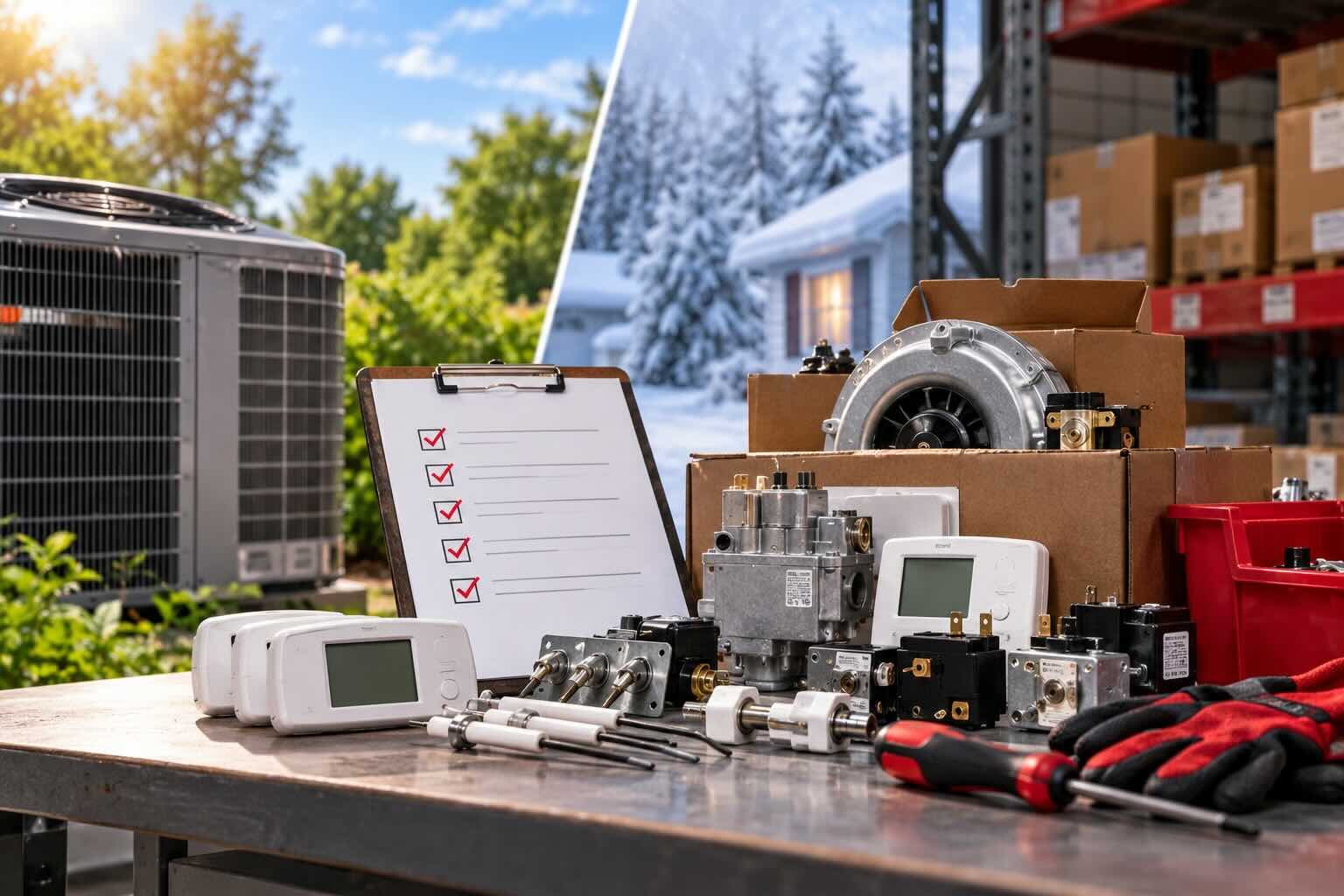 HVAC heating-season inventory displayed on a warehouse workbench, including thermostats, igniters, controls, replacement parts, tools, and a checklist, with a visual transition from summer cooling to snowy winter conditions in the background.