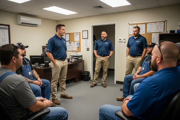 team meeting where the new owner is being introduced - HVAC business exit strategy