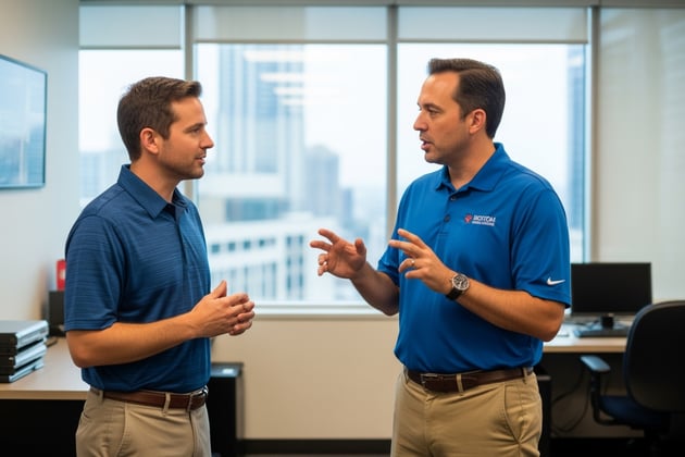 two men talking in an office - HVAC business exit strategy