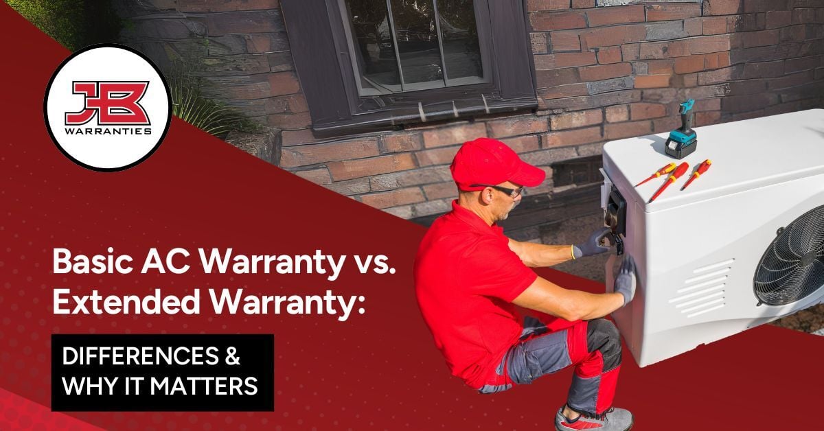 HVAC technician working in an ac unit with the title, "Basic AC Warranty vs Extended Warranty: Differences and Why It Matters." AC coverage matters. 