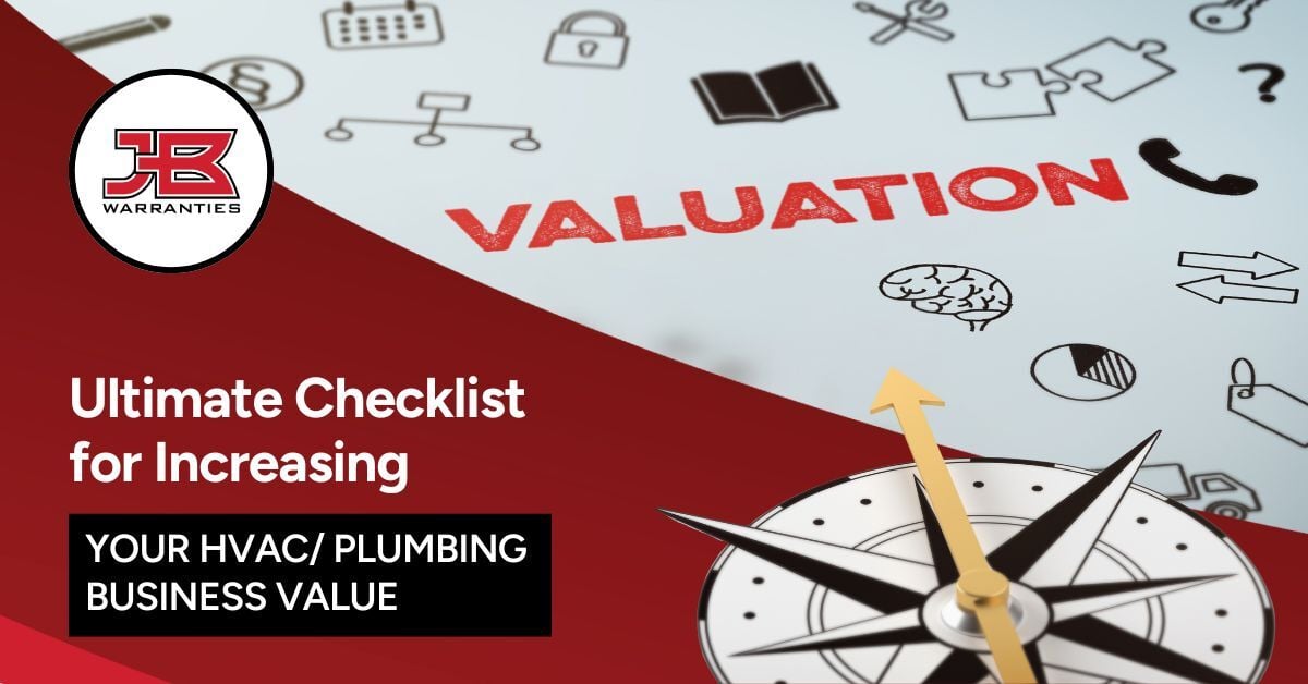 Image with multiple different business icons with valuation as the focal point with a compass pointing toward it. Heading on image states, "Ultimate Checklist for Increasing Your HVAC/Plumbing Business Value"