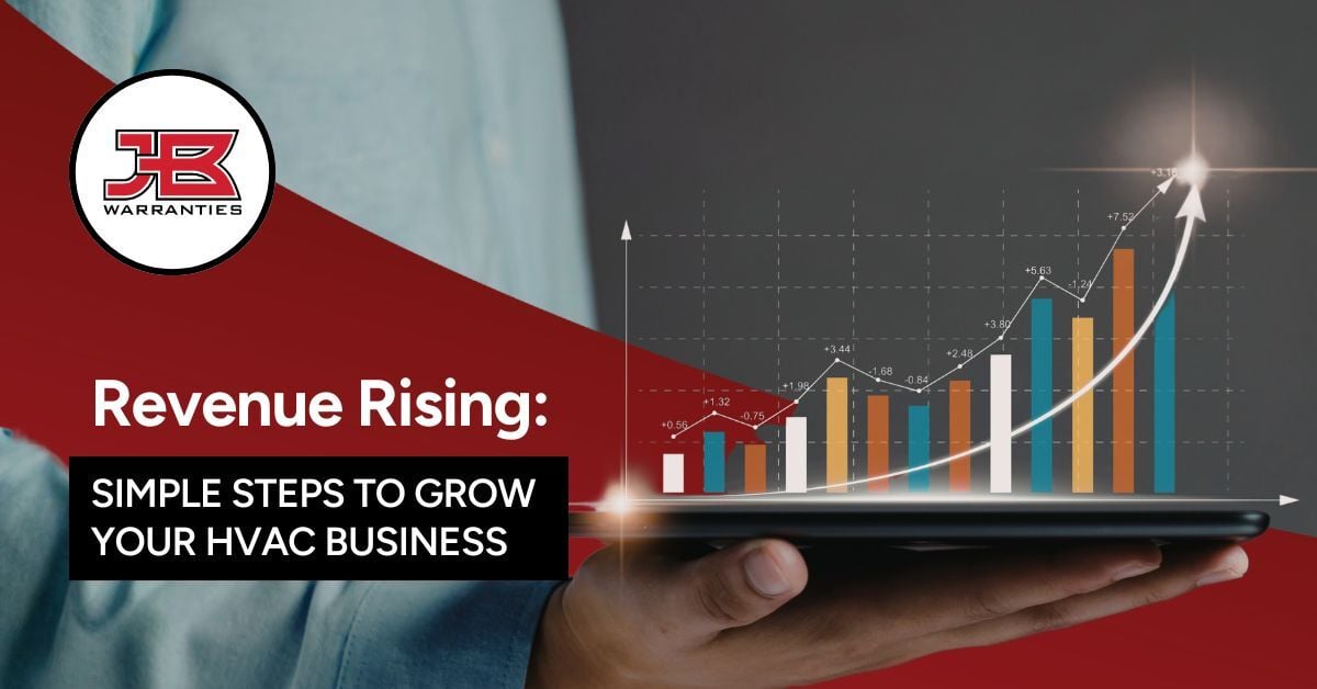 “Revenue Rising: Simple Steps to Grow Your HVAC Business” graphic with a hand holding a tablet displaying a rising bar chart and upward arrow to increase HVAC business revenue.