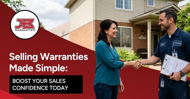 a homeowner shaking hands with a uniformed technician outside a house. Text reads: “Selling Warranties Made Simple: Boost your sales confidence today,” with JB Warranties logo displayed.