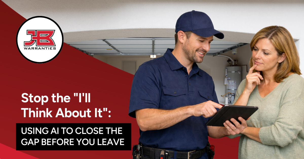 An HVAC technician in a blue uniform stands in a home utility room beside a homeowner, showing information on a tablet. The homeowner looks thoughtful with a hand on their chin while reviewing the screen, with water tank equipment visible in the background.