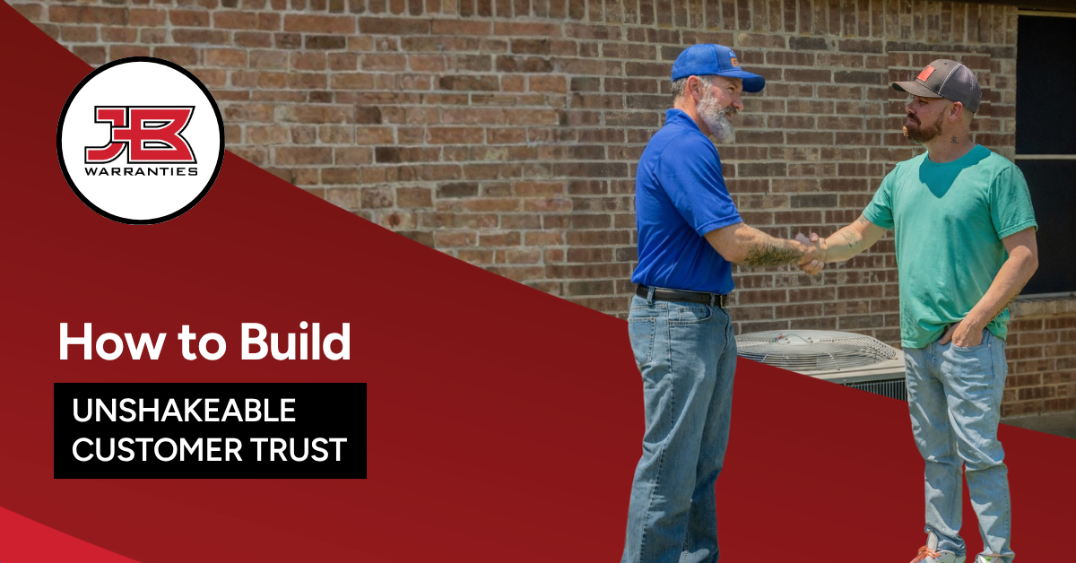 Two men shake hands beside an outdoor AC unit outside a brick home, suggesting a completed service agreement based on building customer trust.