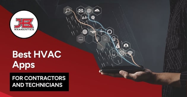 Graphic promoting “Best HVAC Apps for Contractors and Technicians,” featuring a person holding a tablet with digital app icons.