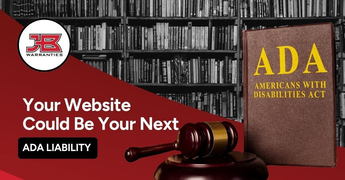 Promotional graphic about website accessibility showing a gavel and a book labeled “ADA Americans with Disabilities Act” in front of bookshelves, with the headline “Your Website Could Be Your Next ADA Liability.”